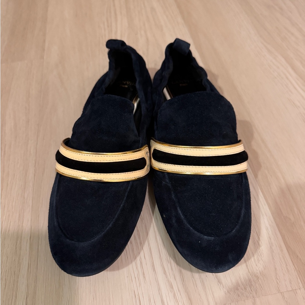 Lanvin Dark Blue Suede Shoes with Gold Trim